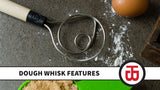 Warren attempts to bend the dough whisk and fails. He shows off how the dough whisk is constructed by displaying one that has half of the silicone handle cut away to reveal its full tang stainless steel core. He then mixes together various doughs and meatballs to demonstrate the dough whisk’s mixing power and non-slip grip.